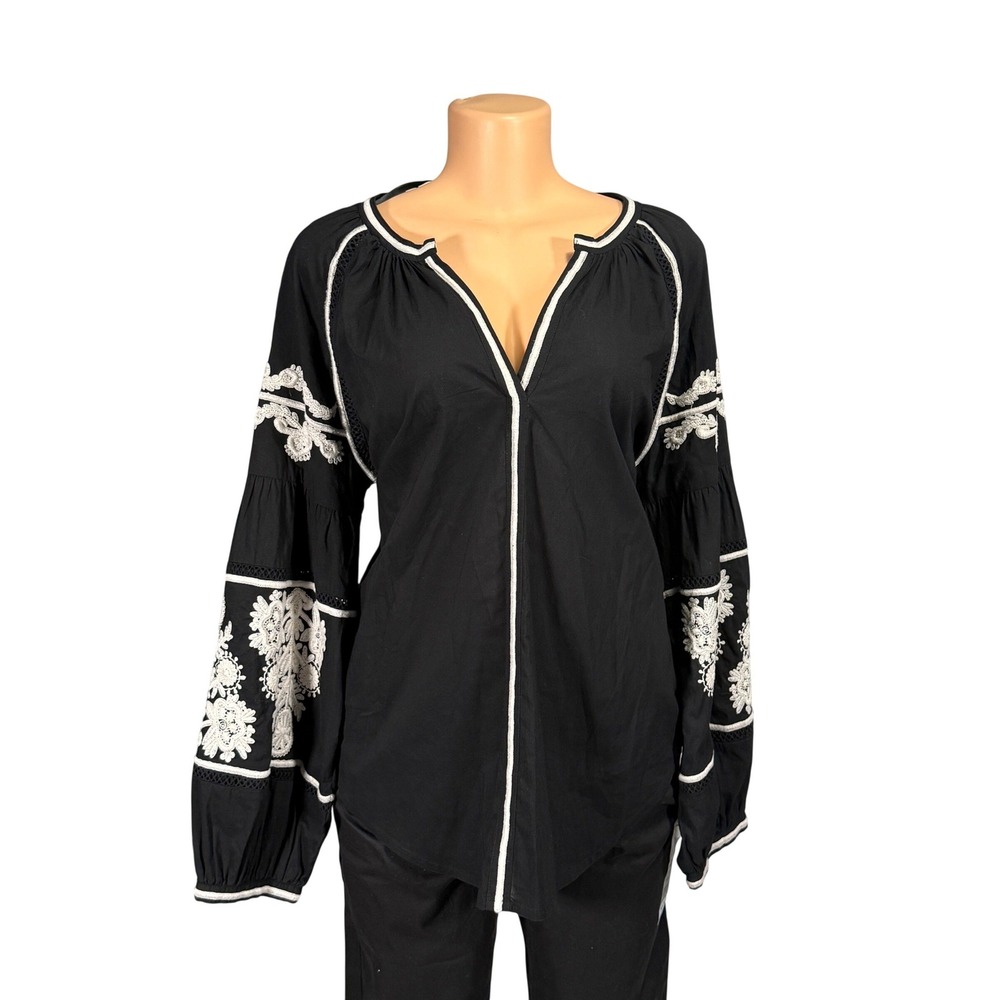 Scarlett Poppies The‎ Voyage Black Embroidered Balloon Sleeve Cotton Tunic Top L